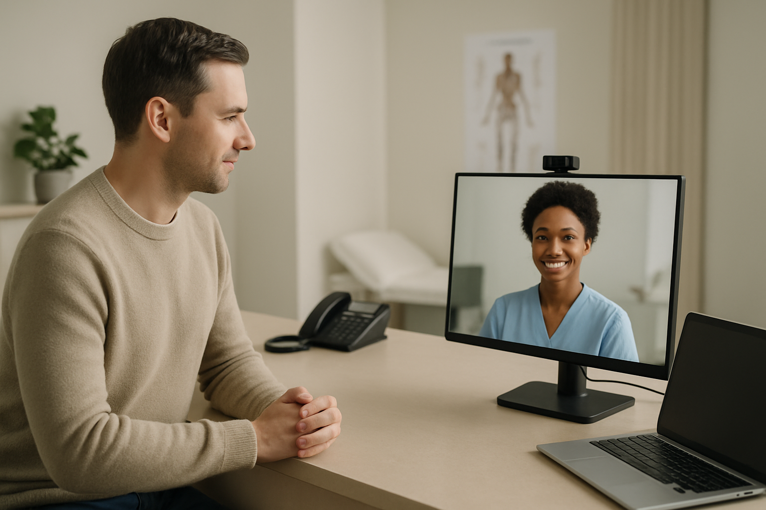 Recepção de consultório médico moderno com atendimento remoto por aplicativo