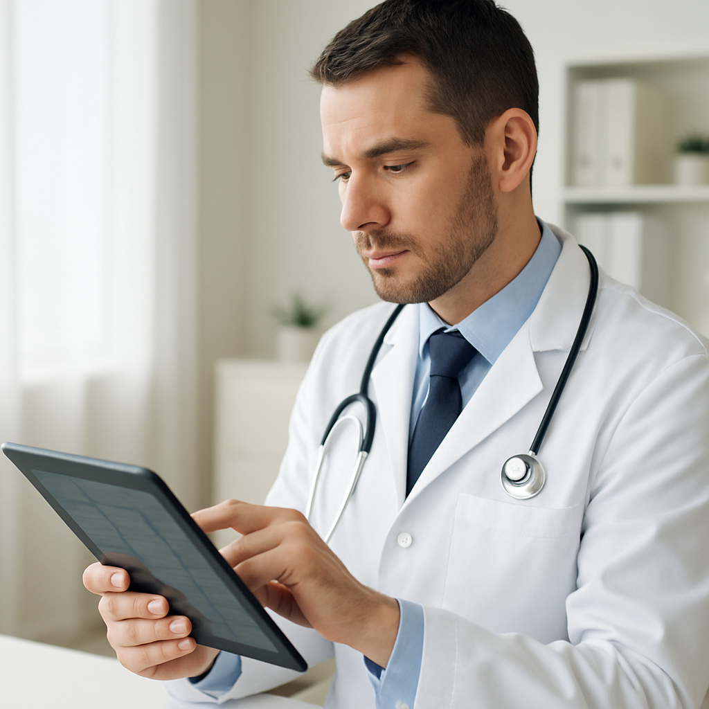 Médico analisando agenda digital integrada com atendimento automatizado no tablet