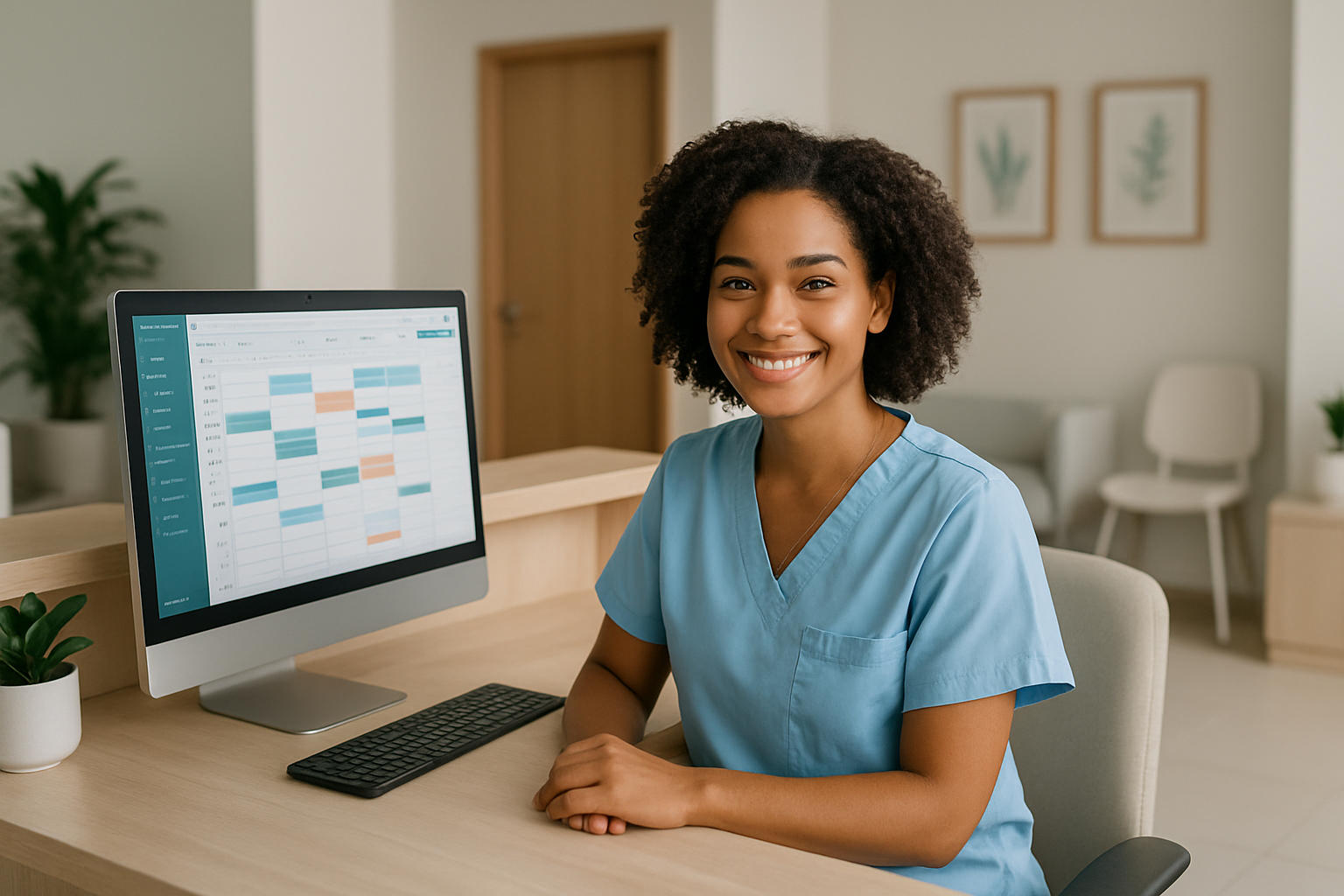 Recepcionista de clínica usando sistema de gestão em computador na recepção