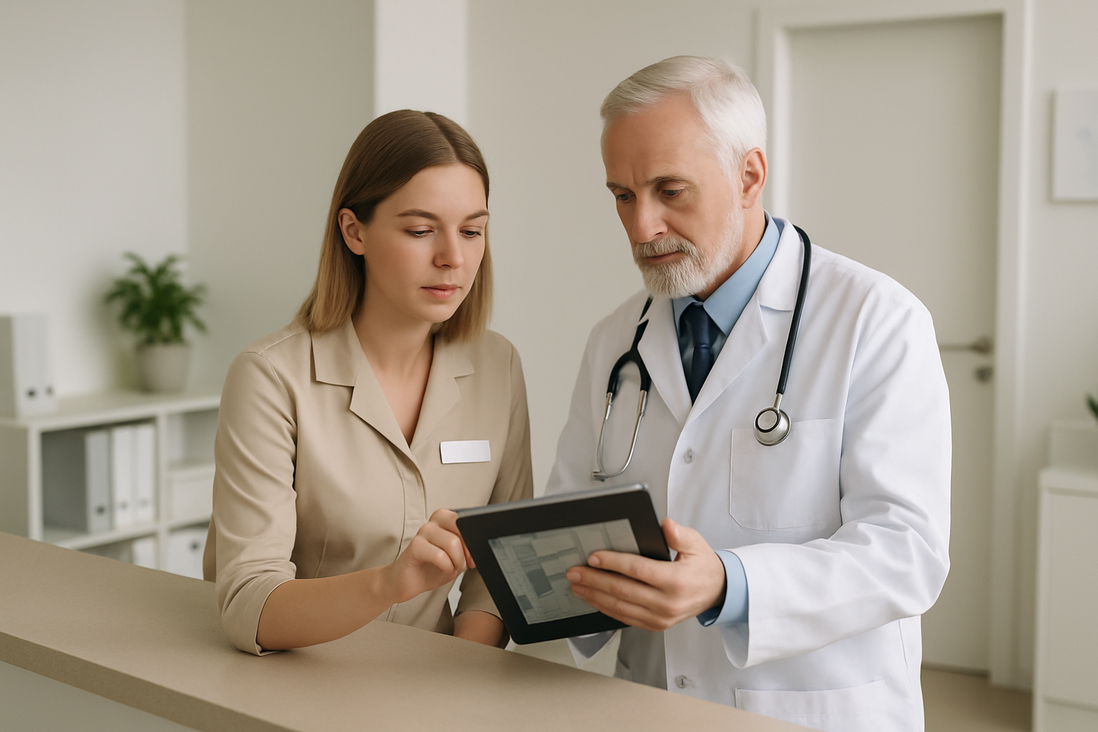 Recepcionista e médica usando sistema para clínica médica em tablet na recepção