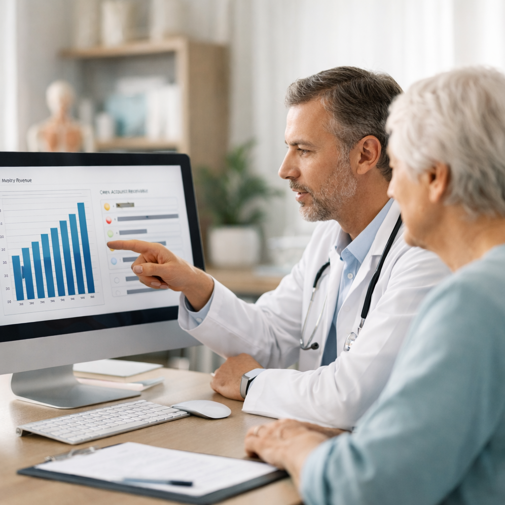 Relatório financeiro de consultório médico exibindo receitas mensais e contas a receber em aberto