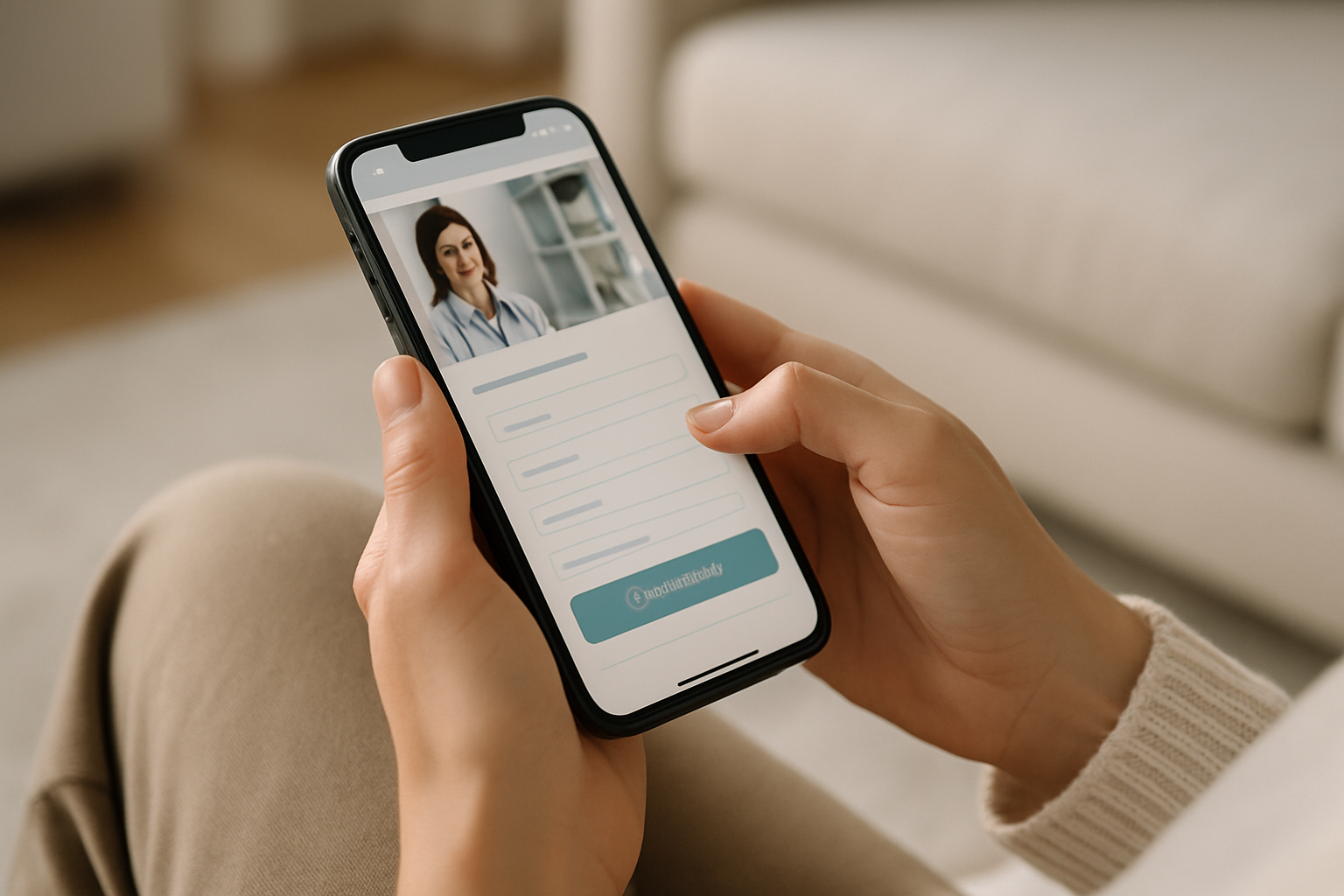 Paciente agendando consulta em site médico responsivo pelo celular em ambiente claro