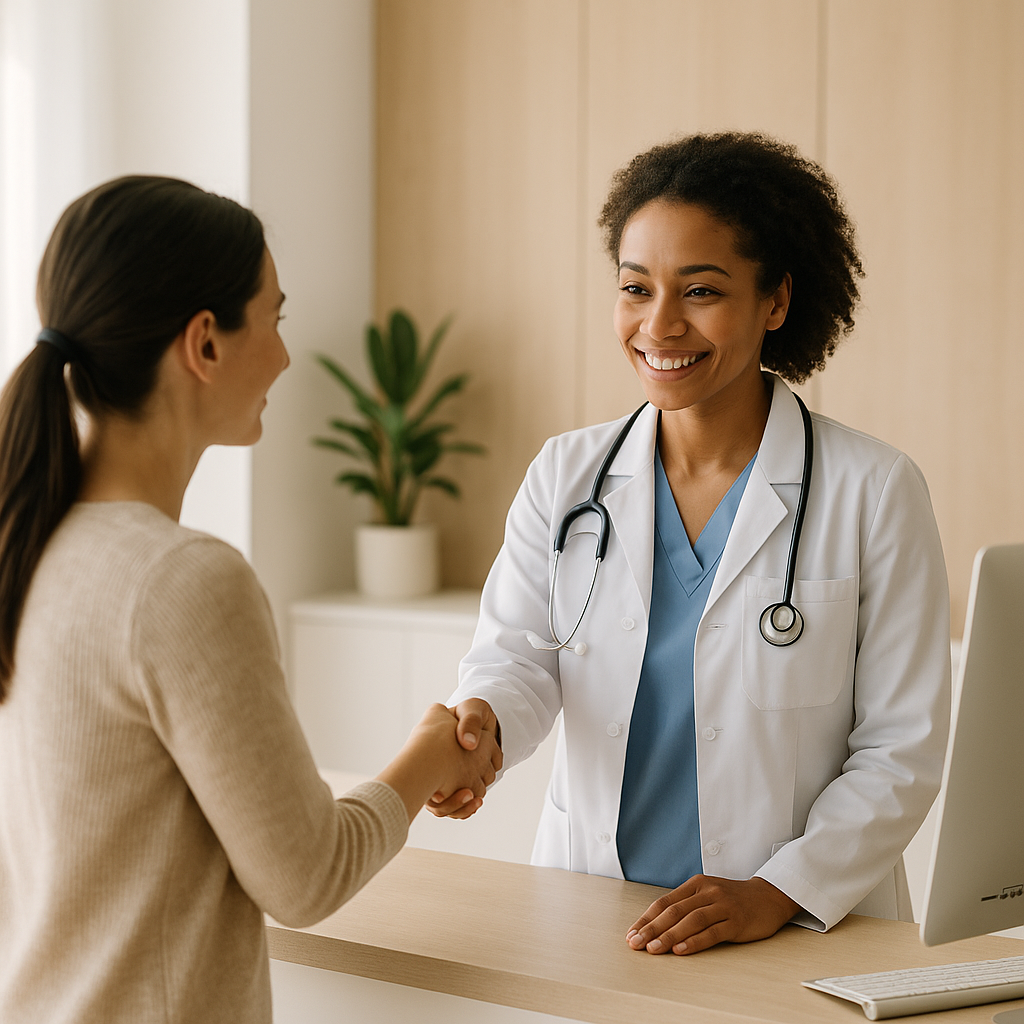 Recepção de consultório moderno e organizado com profissional de saúde atendendo paciente