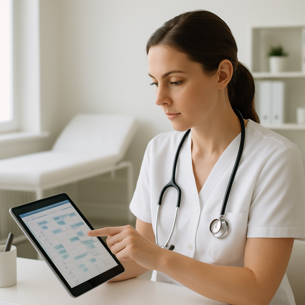 Profissional de saúde revisando agenda de retornos de pacientes em um tablet
