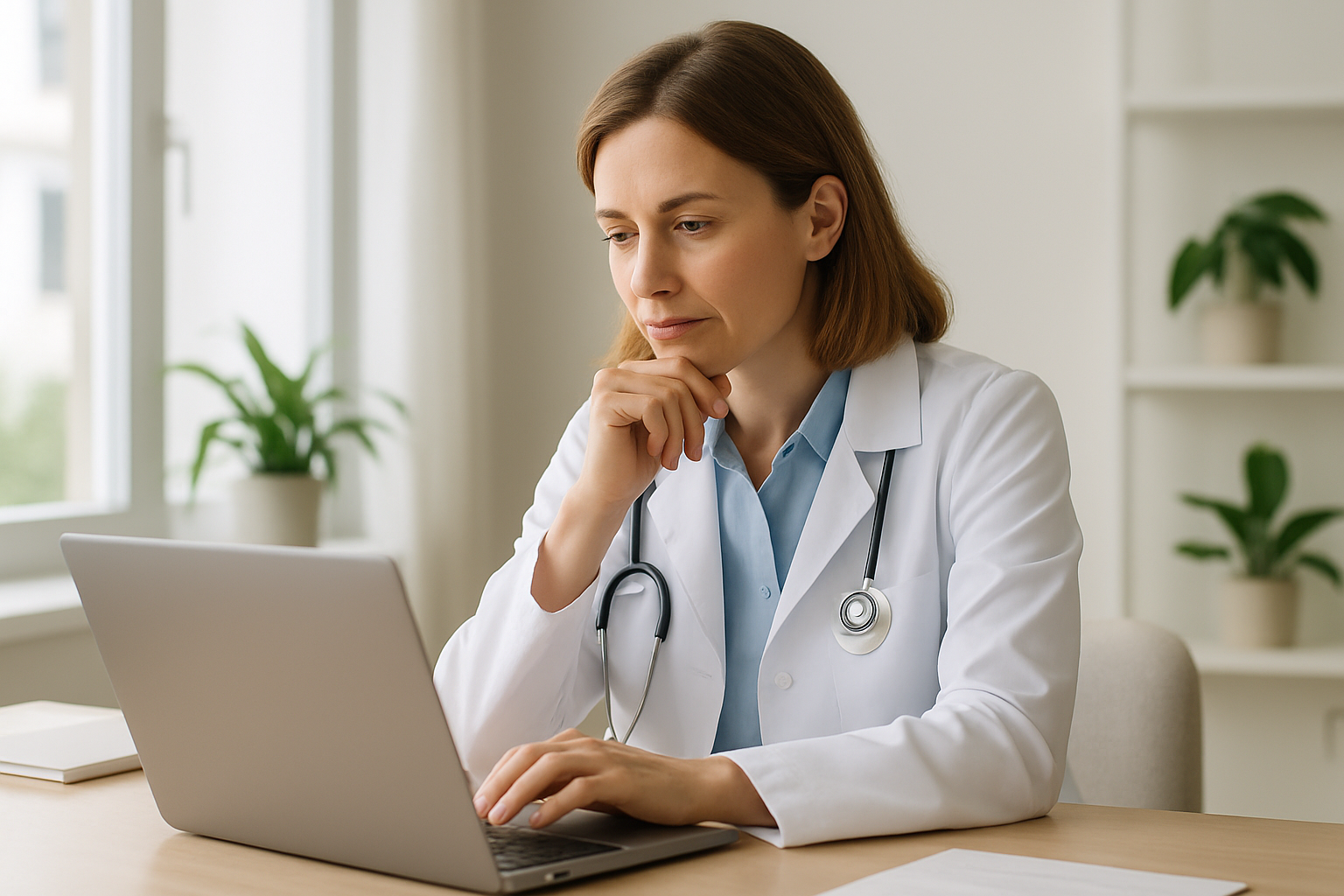 Médica avaliando opções de software em notebook num consultório claro e organizado
