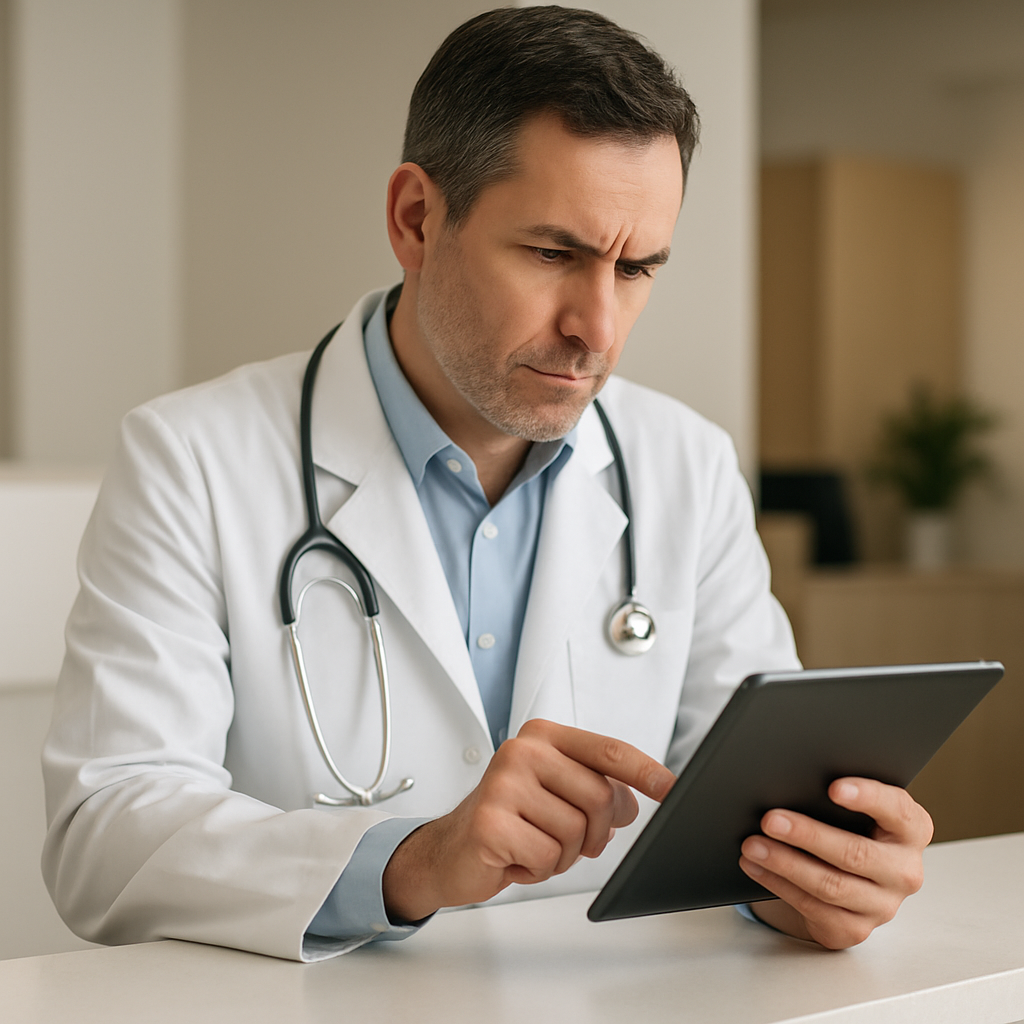 Profissional de saúde comparando funcionalidades de sistemas em tablet sobre mesa de recepção