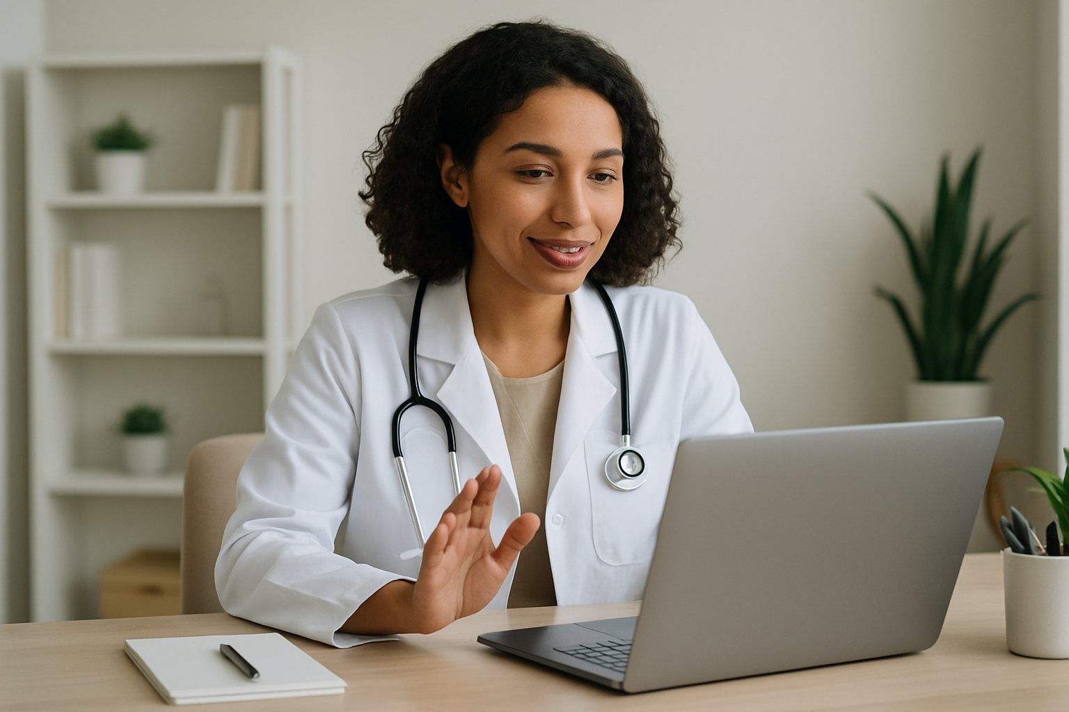 Médica brasileira conduzindo teleconsulta em notebook em consultório claro e moderno