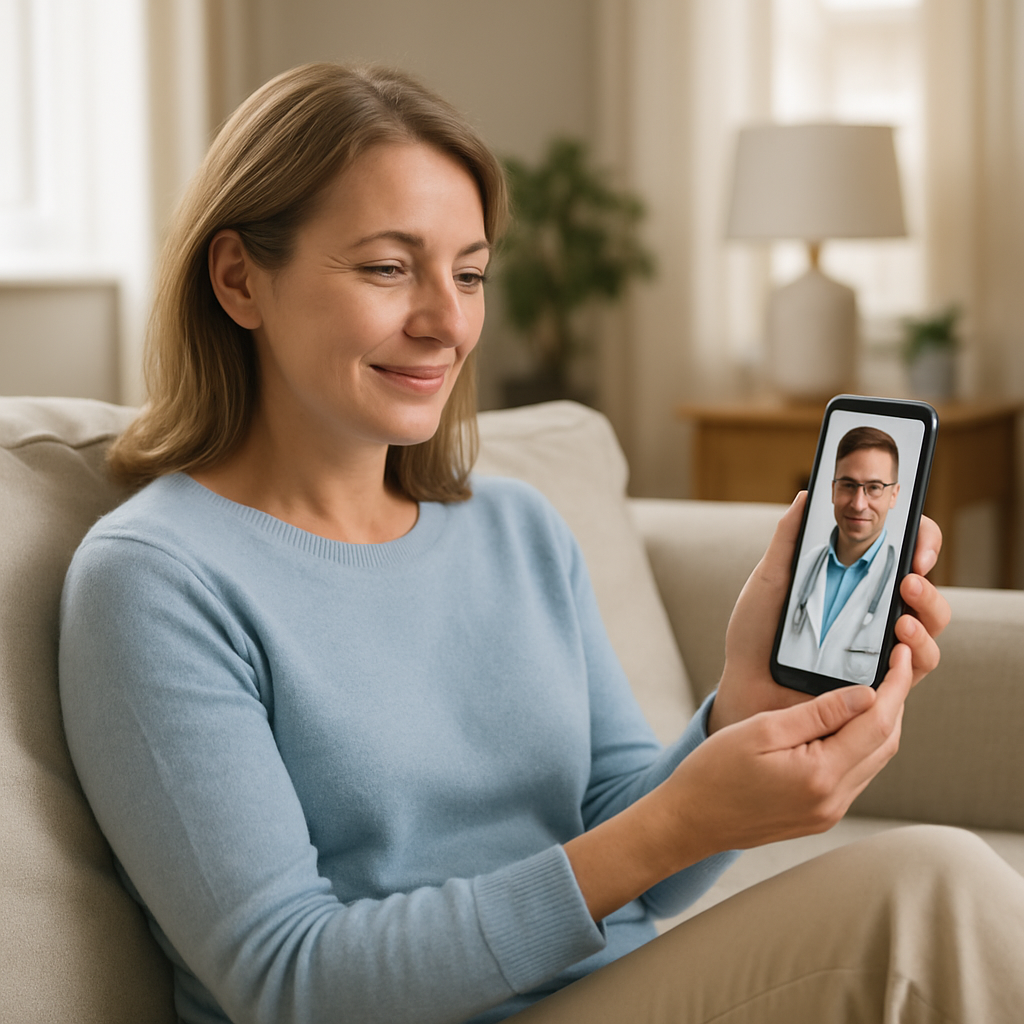 Paciente relaxado preenchendo questionário de teleconsulta no celular em casa