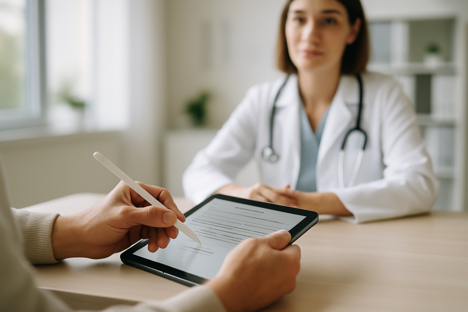 Paciente assinando termo de consentimento livre e esclarecido em tablet no consultório médico