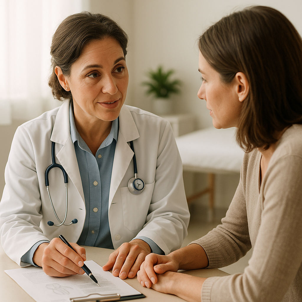 Médico explicando documento de consentimento informado a paciente em ambiente clínico acolhedor