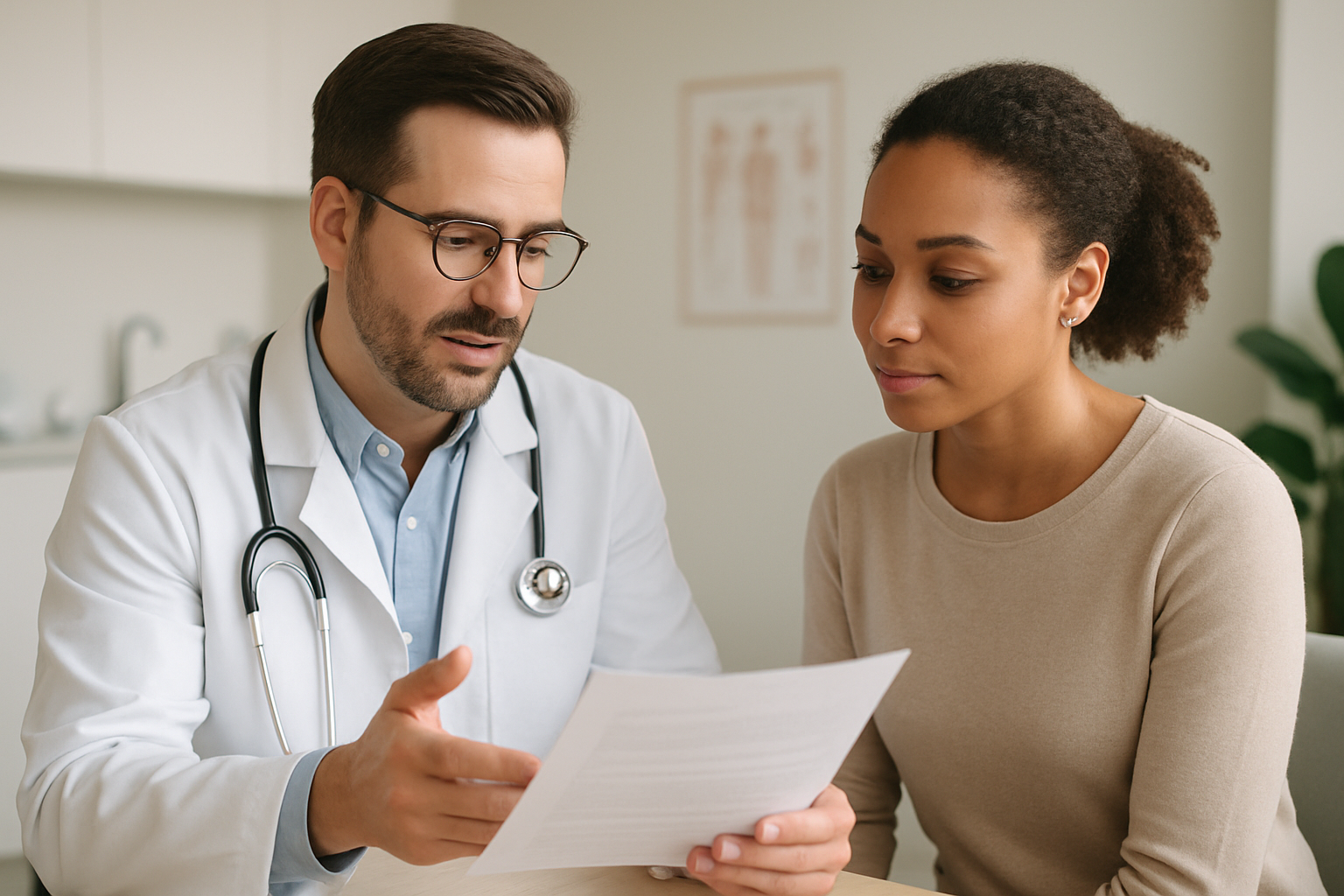 Médico explicando termo de consentimento livre e esclarecido a paciente sentada no consultório
