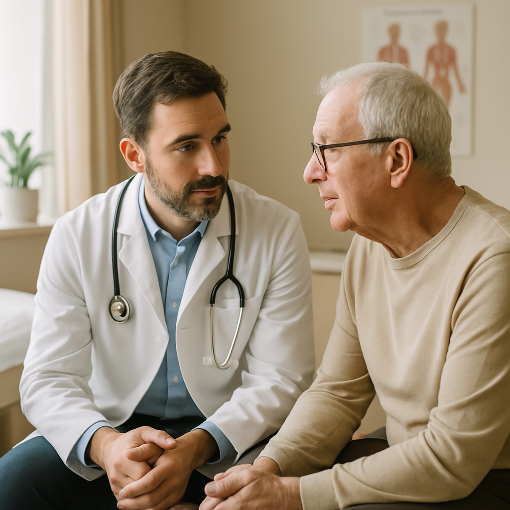 Médica conversando atenciosamente com paciente idoso antes de procedimento em ambiente clínico acolhedor