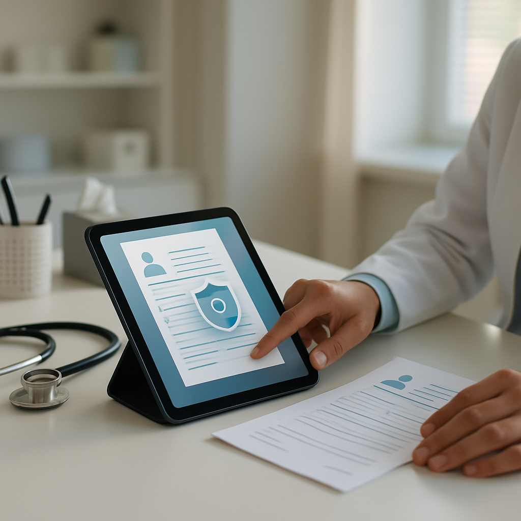 Tela de tablet em clínica moderna exibindo documento de consentimento sendo arquivado com segurança